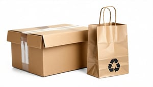 A cardboard postal box with tear strips and a resealing adhesive strip visible next to a paper mailing bag with a recycling logo on a white background