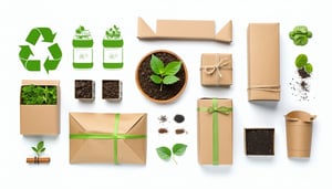 A clean photographic landscape image of sustainable packaging made from upcycled materials neatly arranged on a white background Include packaging elements that subtly hint at a circular lifecyclesuch as arrows green accents or ecosymbolsto visually-1