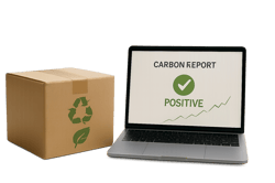 A clean photorealistic image of a neatly packed ecofriendly parcel or shipping box placed prominently on a modern office setting and a laptop next to it depicting positive a carbon report The parcel features subtle green recycling or sustainability i-3