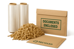 A clean photorealistic image of sustainable packaging products such as recycled stretch film rolls biodegradable void fill and document wallets displayed in a wellorganised arrangement Emphasise material textures and clarity Transparent background La-3