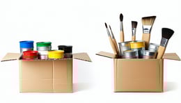 A clean white background with a visual comparison of two open cardboard boxes one doublewalled and filled with paint tins the other singlewalled and holding lightweight accessories like brushes and nozzles Include subtle labels or icons indicating we-1