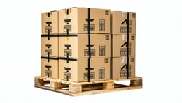 A clean white background with a wooden pallet stacked with boxes heavier cartons at the bottom lighter ones on top The stack is neatly shrinkwrapped and secured with black pallet straps Add subtle weight indicators and arrows to suggest correct stack