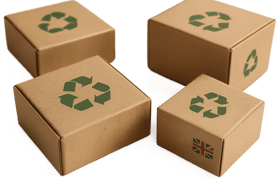 A closeup of ecofriendly cardboard packaging boxes with recycling symbols and UK flag elements subtly included placed on a clean white surface Soft natural lighting Highly detailed Photorealistic Transparent background