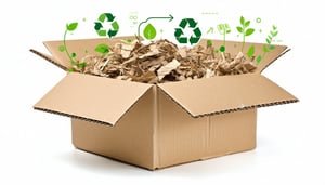 A closeup photorealistic shot of ecofriendly paper void fill inside a partially open cardboard box showing recyclable icons and materials on a white background
