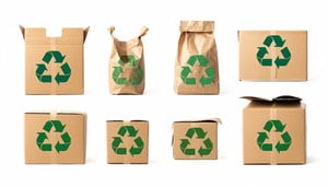 A collection of packaging items each marked with recycling symbols arranged professionally against a white background-1