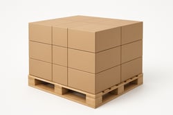 A pallet with boxes aligned perfectly at the edges showing no overhang with a flat top layer image is on a clean white background-1