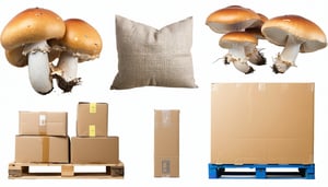 A photographic landscape image of upcycled packaging components on a white background including reshaped cardboard edge guards textile pallet wraps and mushroombased packaging forms Emphasise variety and the creative reuse of discarded materials Ensu