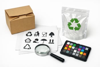 A photorealistic closeup studio image of packaging compliance elements arranged on a white background Include a folded carton a recyclable plastic pou