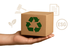 A photorealistic image of a hand holding a cardboard box with a green recycling symbol on it set against a clean neutral background Surrounding the box subtly depict icons or visual elements suggesting government regulations eg a gavel document symbo-1