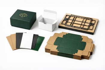 A photorealistic image of a structured packaging project layout displayed on a clean white background Include a finished branded carton box a prototyp-1
