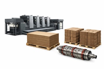 A photorealistic image of industrial print production equipment isolated on a white background Include a commercial printing press section stacked fla-1