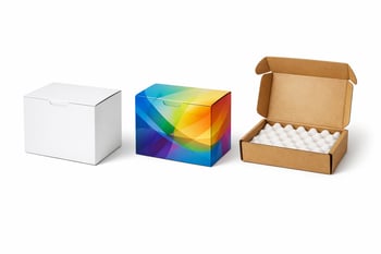 A photorealistic image of multiple packaging prototypes displayed side by side on a pure white background Include a plain white structural box sample-1