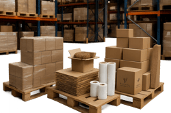 A photorealistic image showing a midsized warehouse operation with pallets cardboard boxes stretch film rolls and sustainable packaging supplies stacked neatly Emphasise realistic materials and lighting The setting should look professional and scalab-1