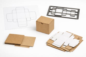 A photorealistic studio image of custom packaging development materials arranged neatly on a clean white background Include a flat carton dieline draw