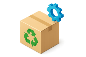 A professional 3D isometric icon representing packaging resilience and sustainability A clean cardboard box at the center with a green recycling symbo