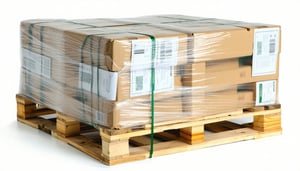A single pallet wrapped with a layer of clear stretch film with ecofriendly labels and compact packaging visible isolated on a white background-1
