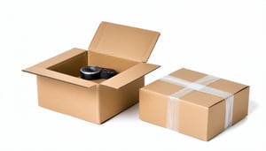 A small item inside a perfectly sized cardboard box with no void fill next to a larger empty box to contrast on a clean white background-2