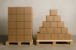 A visual of boxes stacked in solid vertical columns on a pallet contrasting with a pyramidshaped stack-1