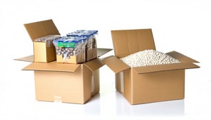 A white background featuring two sidebyside open boxes one packed snugly with corrugated wrap around products and the other overstuffed with void fill pellets spilling out-1