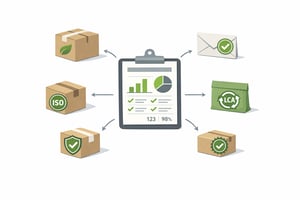 ESG Report with Certification Icons and Data Flow Arrows