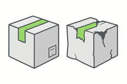 Flat illustration of a neat securely sealed cardboard carton with tamperevident tape sitting beside a damaged torn box for contrast Minimalist design clean white background undrawstyle Accent colour 97D700 for tapeseals other elements in grey tones