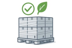 Flat illustration of a neatly wrapped pallet with a green check mark and eco symbol above it representing compliance sustainability and reliability Clean white background accent colour 97D700 for checkeco elements greys for palletcartons undrawstyle