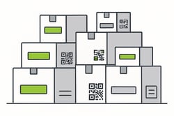 Flat illustration of multiple clean labelled boxes stacked neatly some with QR codes and colourcoded labels Emphasis on clarity and organisation White background undrawstyle Accent colour 97D700 for labelscodes other colours in grey shades-1