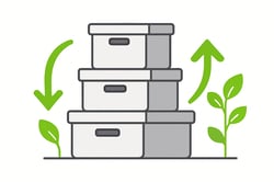 Flat illustration of stacked modular boxes with arrows showing efficiency and reduced waste paired with growthleaf icons to symbolise sustainability and innovation White background accent colour 97D700 for arrowsleaves rest in grey tones undrawstyle