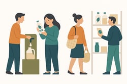 Flat vector illustration on a plain white background A group of consumers selecting refillable and ecopackaged products One person is refilling a container another reads a sustainability label Abstract minimal unDrawstyle