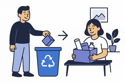 Flat vector illustration on a plain white background A person drops packaging into a recycling bin with clear labels looking proud and happy Another package is shown being reused at home Clean simple unDrawstyle