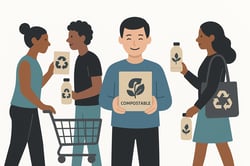 Flat vector illustration on a plain white background Diverse consumers choosing ecofriendly packaged products with visible recycling and compostable icons One shopper smiles while holding a compostable box Minimal abstract unDrawstyle-3