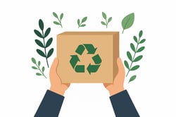 Flat vector illustration on a plain white background Hands hold an ecofriendly box with a green recycling icon surrounded by plant elements symbolising sustainability and trust Clean modern unDrawstyle vector