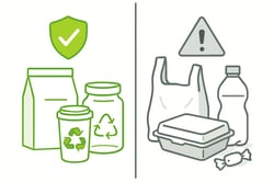 Illustration of a split scene one side shows compliant recyclable packaging with a shieldcheck mark the other shows wasteful nonrecyclable packaging with a warning symbol Clean white background accent colour 97D700 for positive side muted grey tones-1