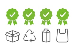 Illustration of certificates or award badges displayed above recyclable packaging icons symbolising compliance and credibility Clean white background accent colour 97D700 for certificatesseals greys for other elements undrawstyle-1