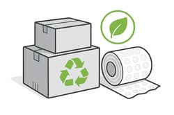 Illustration of recyclable packaging materials a stack of cartons with a recycling symbol biodegradable wraps and a green ecoleaf icon Clean white background undrawstyle Accent colour 97D700 for eco elements rest in greys-1