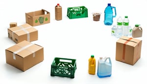 Landscape image on a clean white background showing a photorealistic loop of sustainable packaging items forming a circular flow Include recyclable cardboard boxes compostable containers and reusable crates arranged in a circular layout Each item sho-1