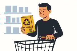 Minimal flatstyle vector illustration on a plain white background A shopper in a store aisle holds a product box with a bold recyclable label and a QR code The shopper looks satisfied and confident Clean unDrawstyle design-1