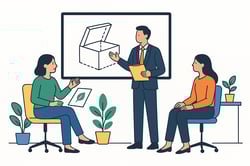 Minimal vector illustration on a plain white background the characters and objects have colour A business team discusses ecofriendly packaging designs A CADstyle packaging diagram is displayed on a large screen Clean unDrawstyle with a modern office