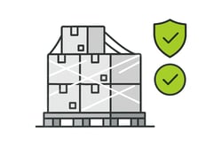 Minimalist illustration of a secure pallet with cartons shrinkwrapped and sealed alongside icons representing protection and compliance like a shield or check mark Clean white background undrawstyle Accent colour 97D700 for highlights rest in greys
