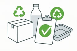 Minimalist illustration of different packaging materials carton bottle tray being checked with a clipboardtick mark Emphasis on recyclable monomaterial designs White background accent colour 97D700 for ticksicons other colours in greys undrawstyle