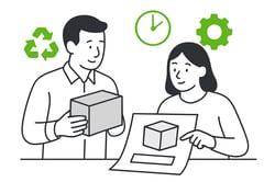 Minimalist illustration of two people reviewing packaging designs together one holding a box the other pointing to a plan Symbols for recycling and efficiency around them White background accent colour 97D700 for highlightsicons greys for rest undraw