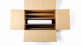 On a white background show an opened cardboard box with neatly layered products separated by sheetboard and corrugated roll The layers are clearly visible from a slightly angled topdown view highlighting the clean organisation and product protection