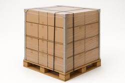 Photorealistic image of a neatly stacked pallet on a clean white background secured with professional pallet stabilising materials antislip sheets visible between layers of boxes corner boards protecting edges tightly wrapped with clear stretch film-1