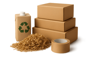 Photorealistic image of a range of packaging solutions displayed neatly recyclable cartons biodegradable void fill paperbased tape and optimised carton sizes stacked together Transparent background welllit professional product display style-1