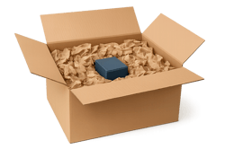 Photorealistic image of an oversized cardboard box containing a small product surrounded by excessive void fill highlighting wasted space Box is open