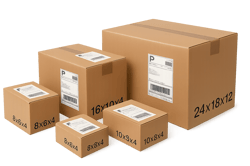 Photorealistic image of multiple ecommerce parcels of different sizes and weights placed side by side clearly showing volume differences between compa