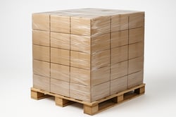 Photorealistic image on a clean white background of a shrinkwrapped pallet of boxed stock The film should have a glossy tight finish over neatly stacked boxes with soft even studio lighting