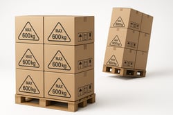 Photorealistic image on a clean white background of a sturdy pallet stacked with boxes that clearly display printed weight limit icons and labels Show the load stopping just below the maximum safe height with a comparison of an overloaded pallet in t-1