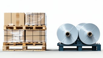 Photorealistic image on a clean white background showing a closeup comparison of two wrapped pallets side by side One is handwrapped  uneven film coverage wrinkles excess film The other is machinewrapped  tight even film clean edges less plastic used-2
