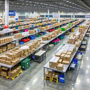 The image depicts a bustling logistics packing station with 20 neatly arranged workbenches, each occupied by focused operatives efficiently packing va